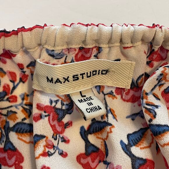 Max Studio Floral Blouse Womens Large Cream Red Smocked Waist Peplum Top - Picture 8 of 12